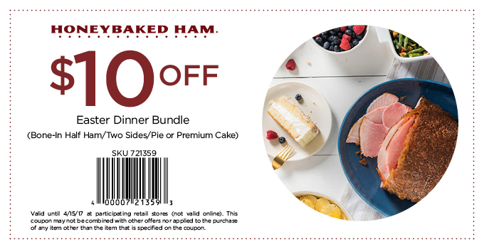 HoneyBaked Coupon April 2024 $10 off easter dinner bundle today at Honeybaked Ham