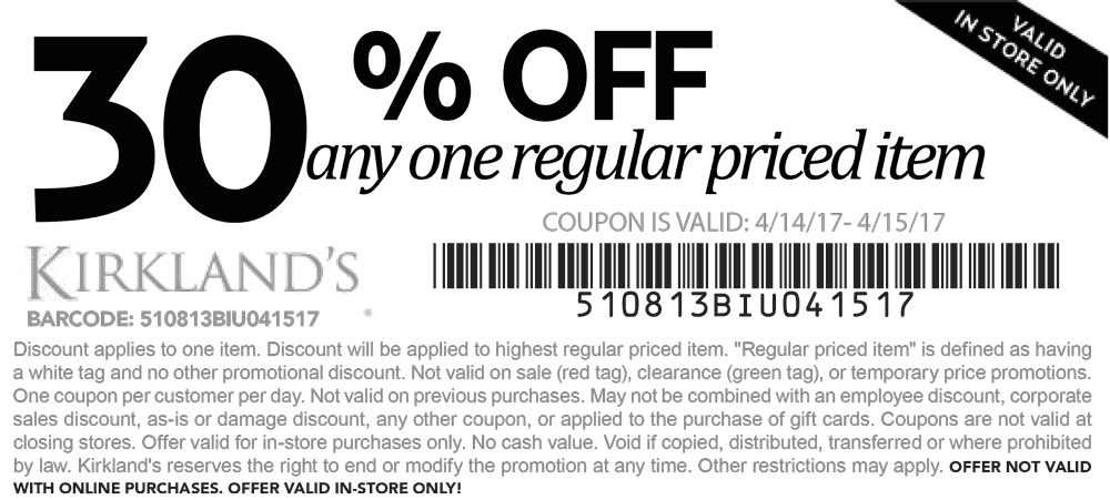 Kirklands Coupon April 2024 30% off a single item today at Kirklands