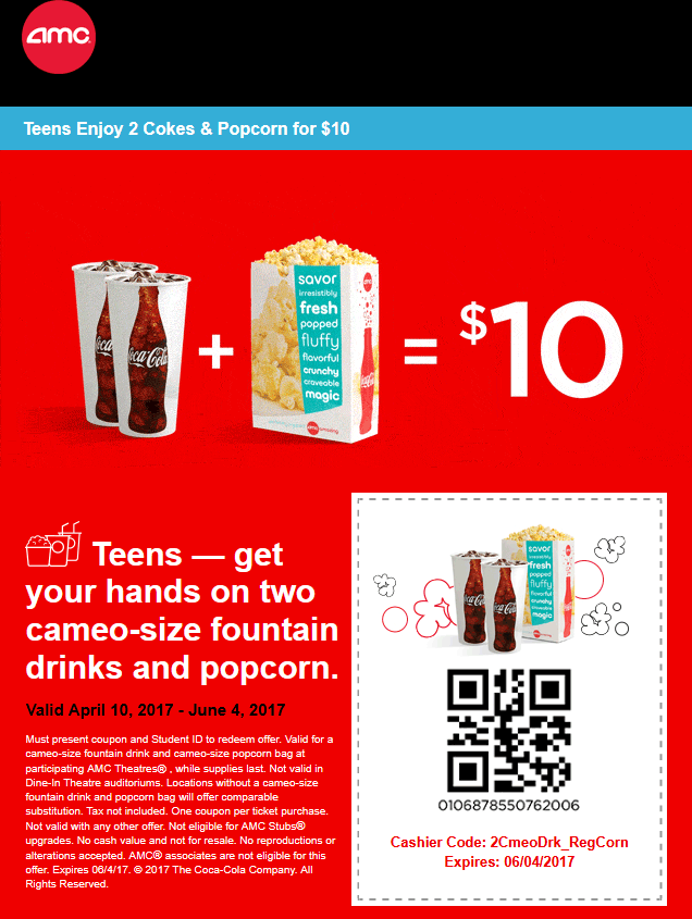 AMC Theatres Coupon April 2024 Teens enjoy 2 drinks & a popcorn for $10 at AMC Theatres