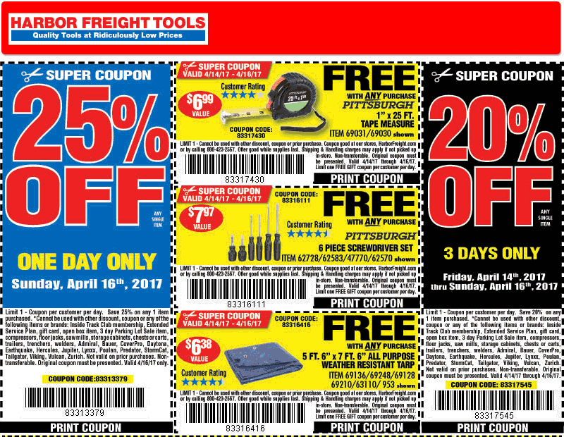 Harbor Freight Coupon April 2024 25% off a single item & more today at Harbor Freight Tools, or online via promo code 15670783