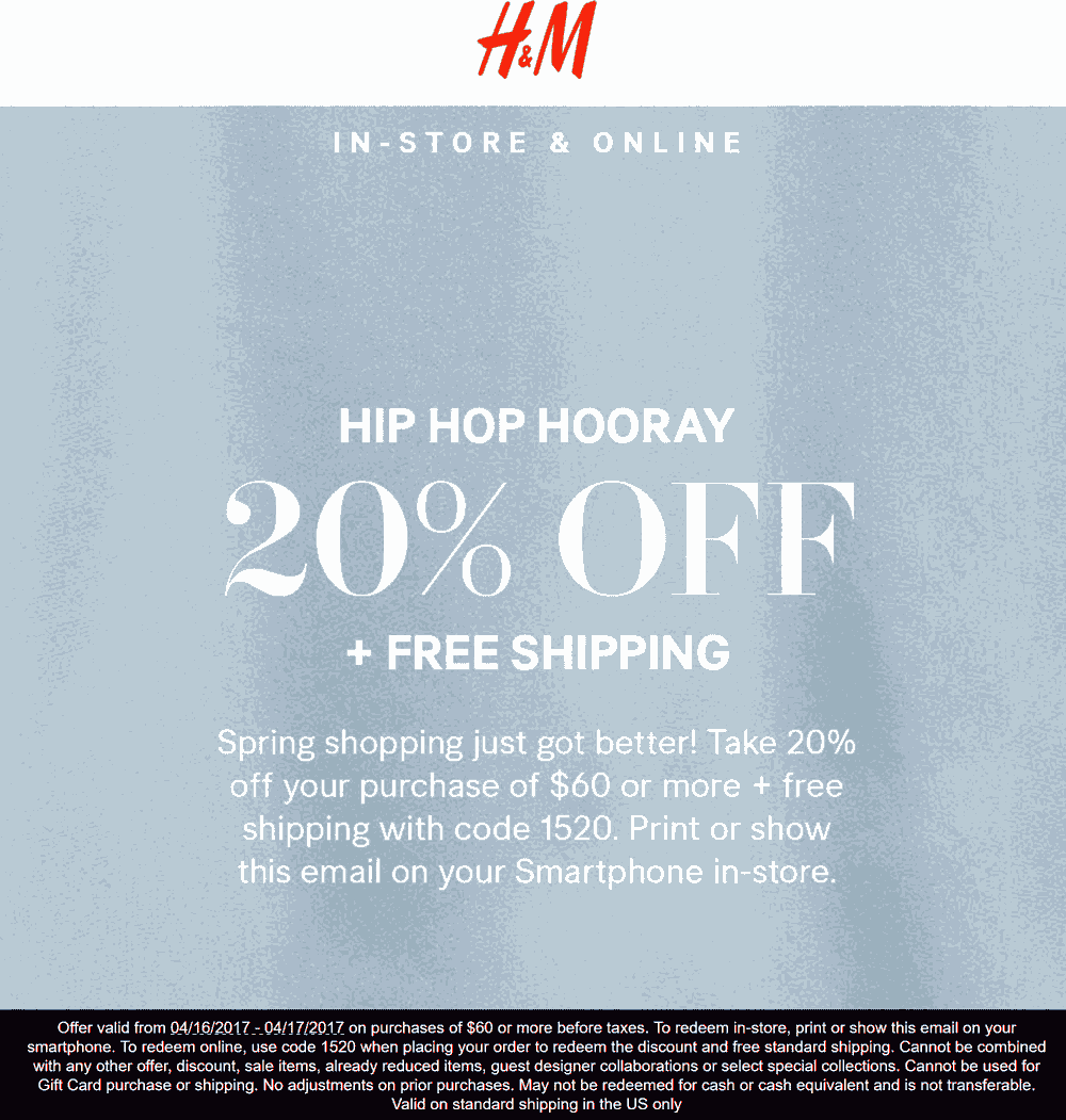 H&M Coupon April 2024 20% off $60 at H&M, or online with free ship via promo code 1520