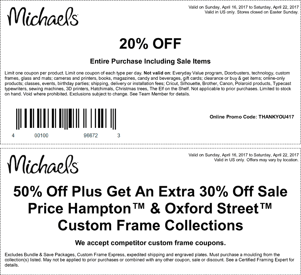 Michaels Coupon April 2024 20% off everything at Michaels, or online via promo code THANKYOU417