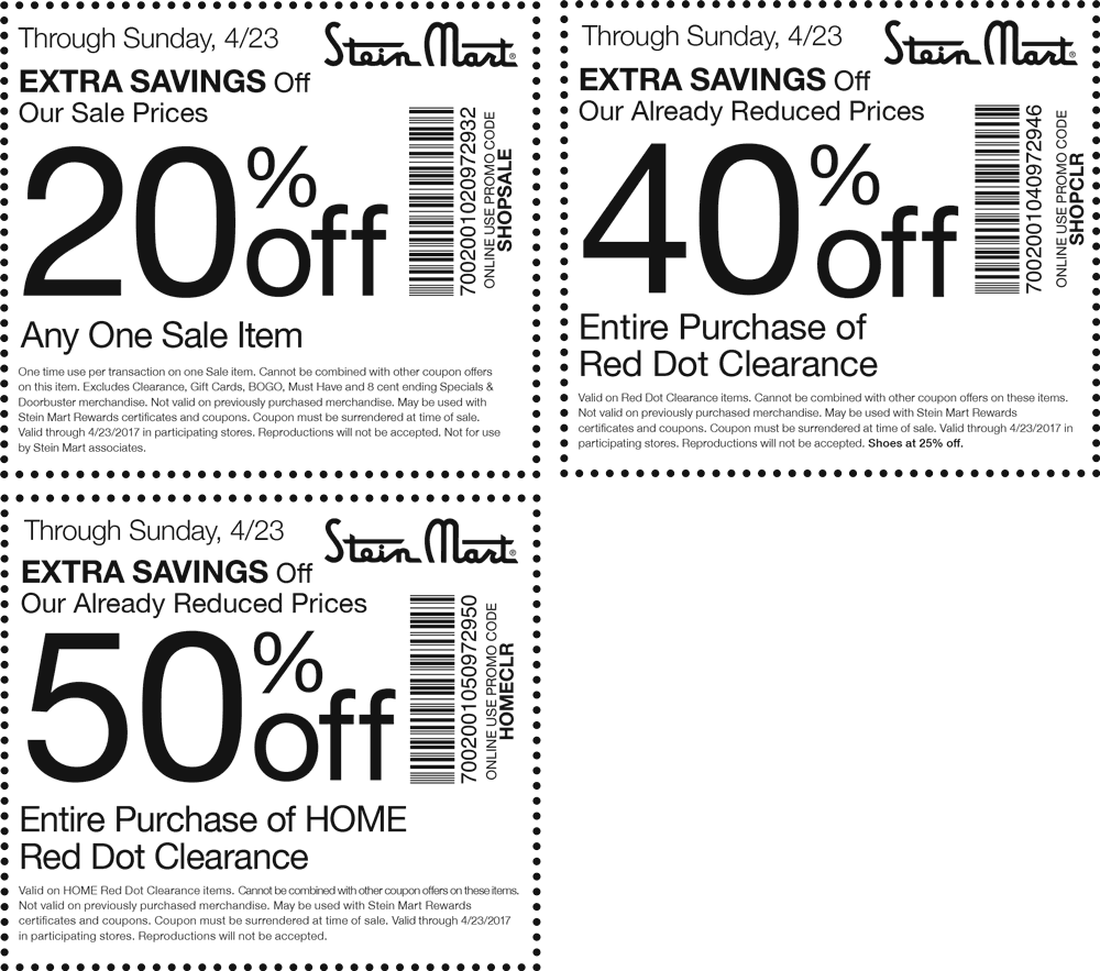 Stein Mart Coupon March 2024 Extra 50% off clearance & more at Stein Mart, or online via promo code HOMECLR