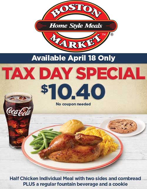 Boston Market Coupon April 2024 Half chicken + 2 sides + drink + cookie = $10.40 today at Boston Market