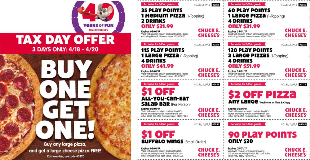 Chuck E. Cheese Coupon April 2024 Second pizza free & more at Chuck E. Cheese