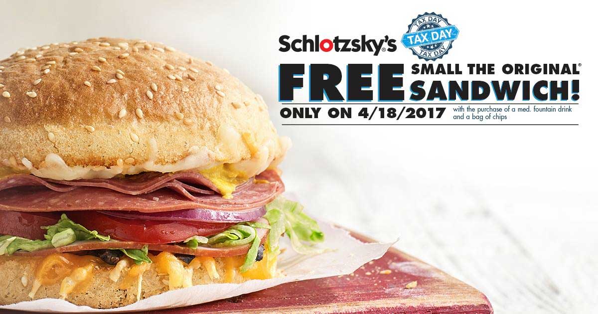 Schlotzskys Coupon April 2024 Free sandwich with your chips & drink today at Schlotzskys