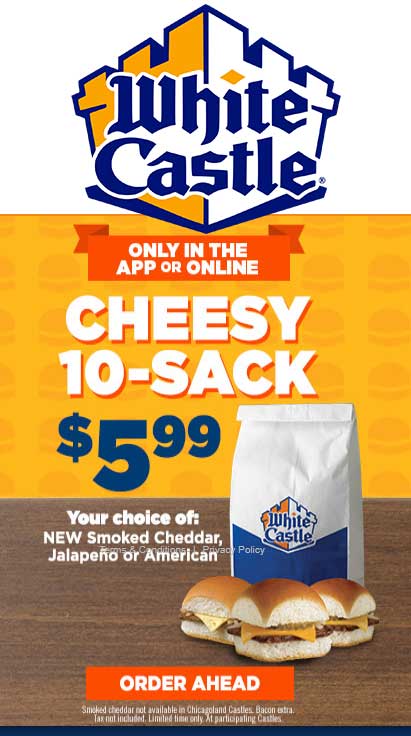 White Castle Coupon April 2024 10-sack of cheseburgers for $6 pre-ordered online at White Castle, no code needed