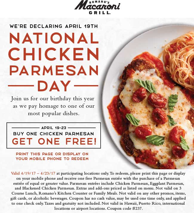 Macaroni Grill Coupon April 2024 Second chicken parmesan free at Macaroni Grill restaurants