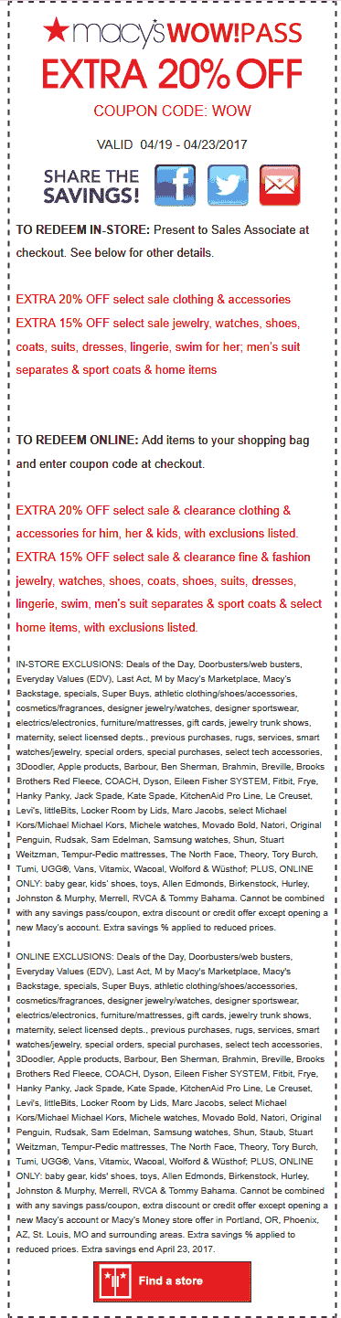 Macys Coupon April 2024 Extra 20% off at Macys, or online via promo code WOW