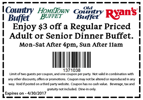Old Country Buffet Coupon April 2024 $3 off your bottomless buffet at Ryans, HomeTown Buffet & Old Country Buffet