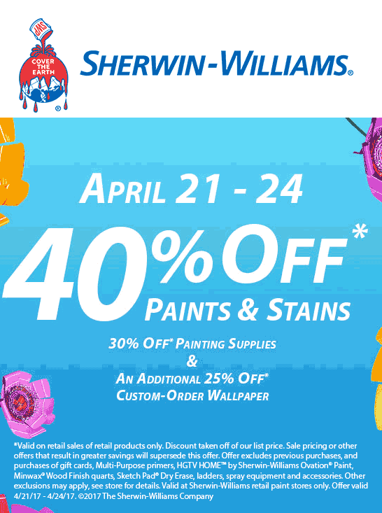 Sherwin Williams Coupon April 2024 40% off paints & stains at Sherwin Williams