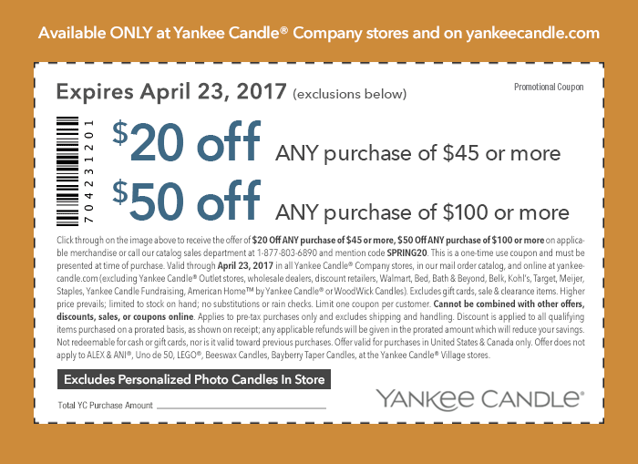 Yankee Candle Coupon April 2024 $20 off $45 & more at Yankee Candle, or online via promo code SPRING20