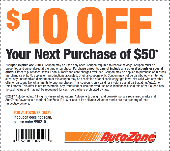 AutoZone Coupon April 2024 $10 off $50 at AutoZone