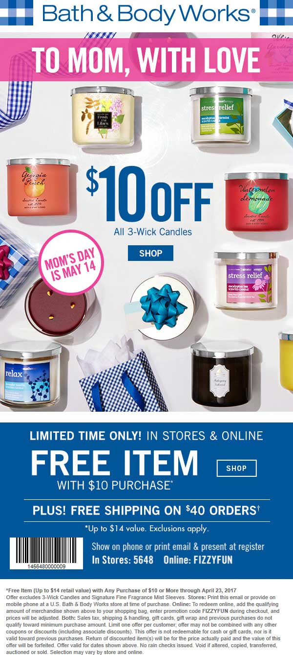Bath & Body Works Coupon April 2024 $14 item free with $10 spent at Bath & Body Works, or online via promo code FIZZYFUN