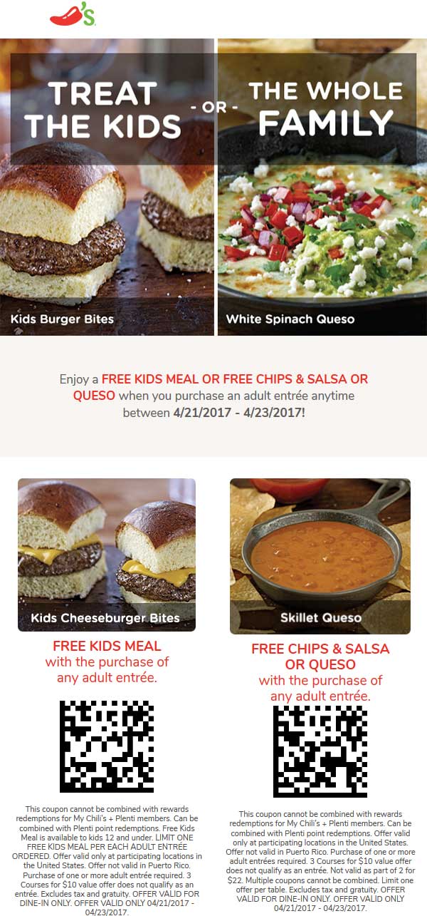 Chilis Coupon April 2024 Free kids meal or chips & queso with your entree at Chilis