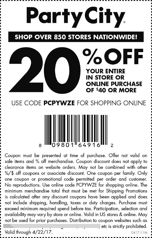 Party City Coupon March 2024 20% off $40 today at Party City, or online via promo code PCPYWZE