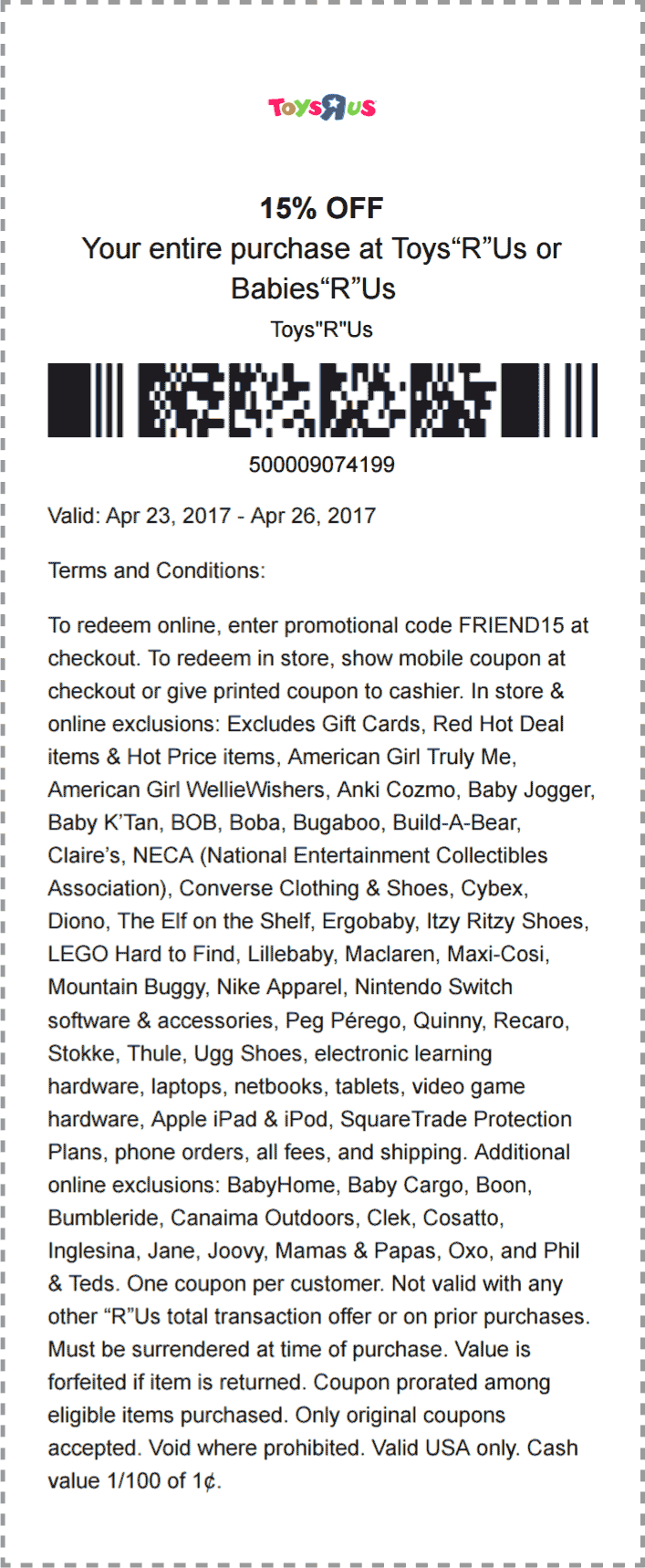 Toys R Us Coupon April 2024 15% off everything at Toys R Us & Babies R Us, or online via promo code FRIEND15