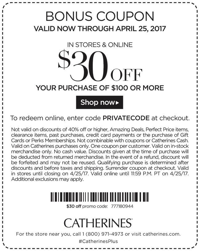 Catherines Coupon April 2024 $30 off $100 at Catherines, or online via promo code PRIVATECODE