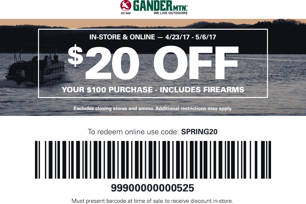 Gander Mountain Coupon April 2024 $20 off $100 at Gander Mountain, or online via promo code SPRING20