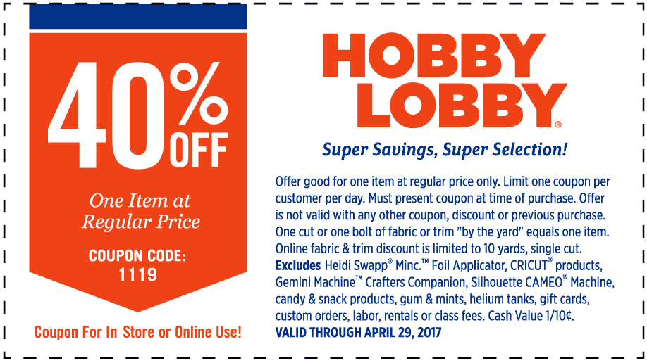 Hobby Lobby Coupon April 2024 40% off a single item at Hobby Lobby, or online via promo code 1119