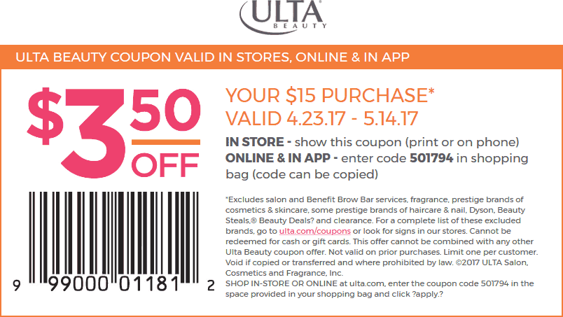 Ulta Beauty Coupon April 2024 $3.50 off $15 at Ulta Beauty, or online via promo code 501794