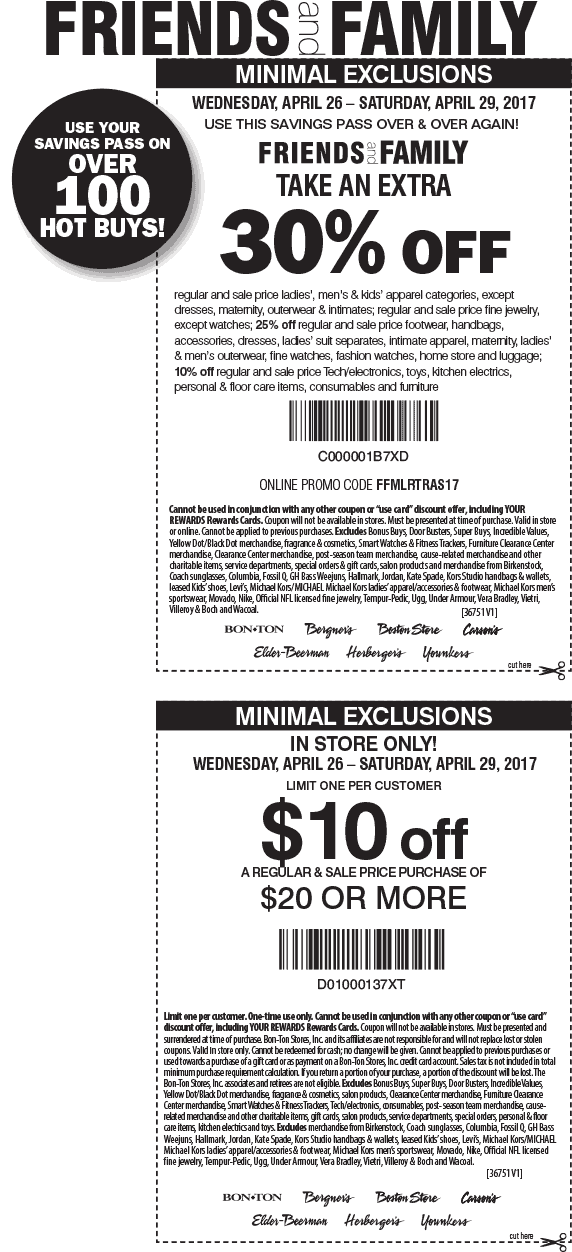 Carsons Coupon April 2024 $10 off $20 & more at Carsons, Bon Ton & sister stores, or 30% online via promo code FFMLRTRAS17