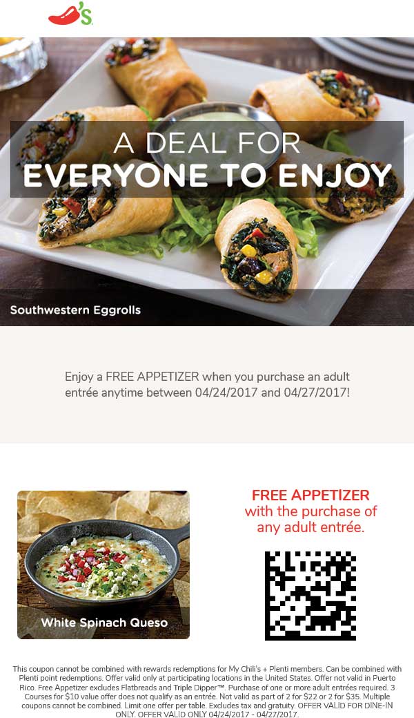 Chilis Coupon April 2024 Free appetizer with your entree at Chilis