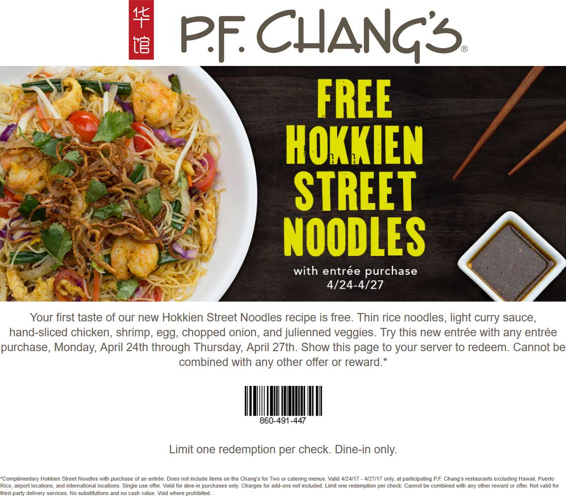 P.F. Changs Coupon April 2024 Free hokkien noodles with your entree at P.F. Changs