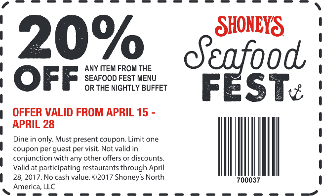 Shoneys Coupon April 2024 20% off seafood or the nightly buffet at Shoneys
