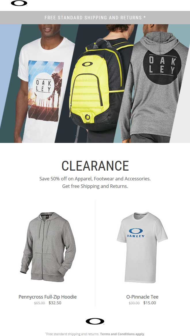 Oakley Coupon April 2024 50% off apparel & accessories at Oakley, ditto online