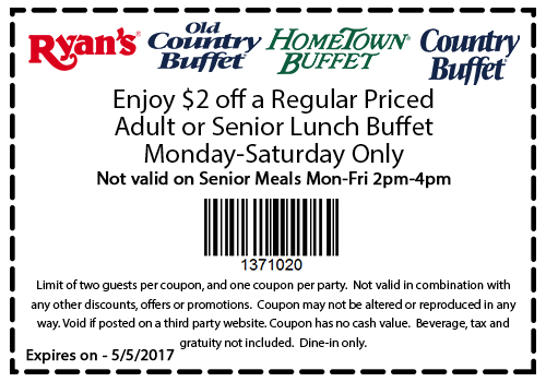 Old Country Buffet Coupon April 2024 $2 bucks off lunch at Ryans, HomeTown Buffet & Old Country Buffet