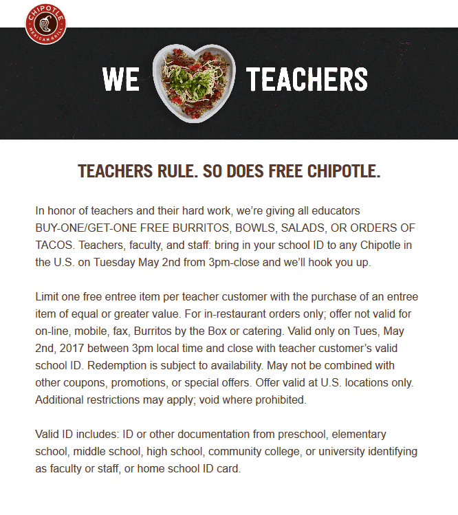 Chipotle Coupon May 2024 Teachers enjoy a second burrito or bowl free Tuesday at Chipotle