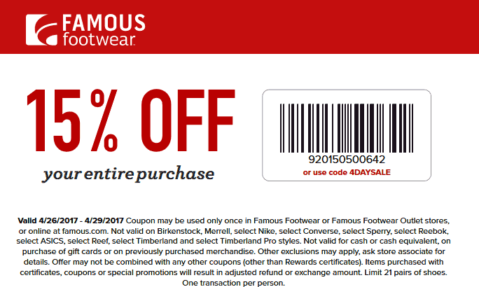 Famous Footwear Coupon April 2024 15% off at Famous Footwear, or online via promo code 4DAYSALE