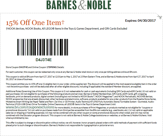 Barnes & Noble Coupon April 2024 15% off a single item at Barnes & Noble, or online via promo code 17SPRING