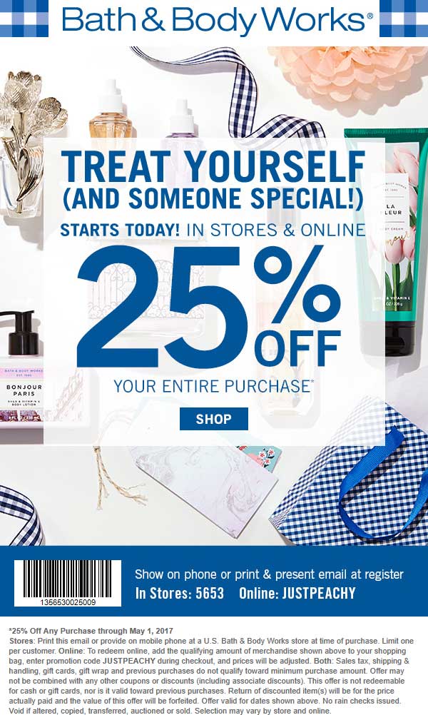 Bath & Body Works Coupon April 2024 25% off at Bath & Body Works, or online via promo code JUSTPEACHY