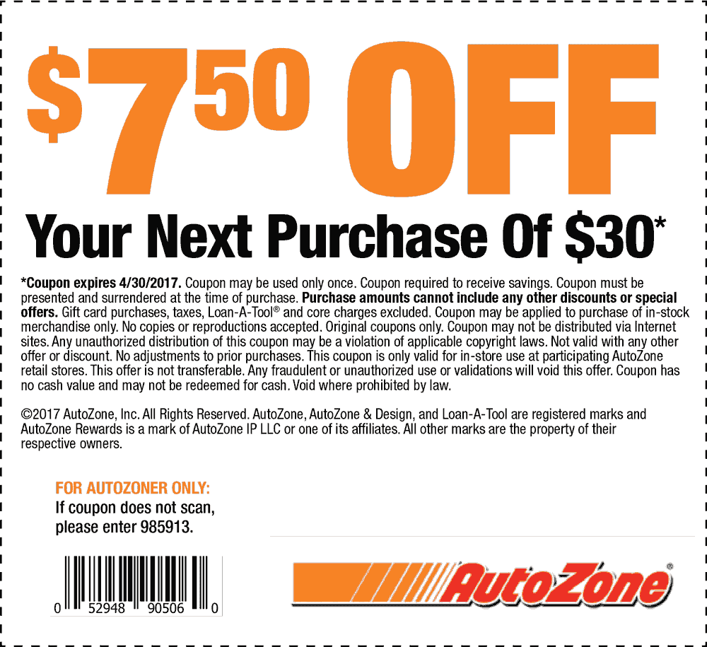 AutoZone Coupon April 2024 $7 off $30 at AutoZone