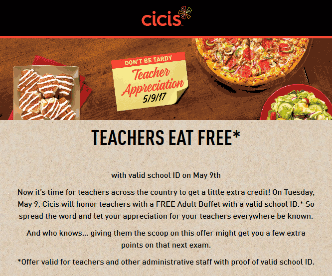 CiCis Pizza Coupon April 2024 Teachers eat free the 9th at Cicis Pizza
