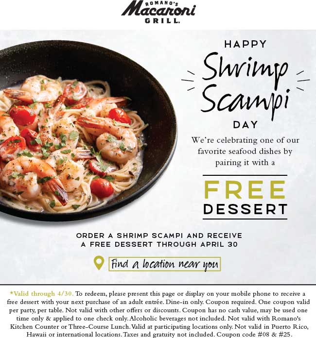 Macaroni Grill Coupon April 2024 Free dessert with your shrimp scampi today at Macaroni Grill