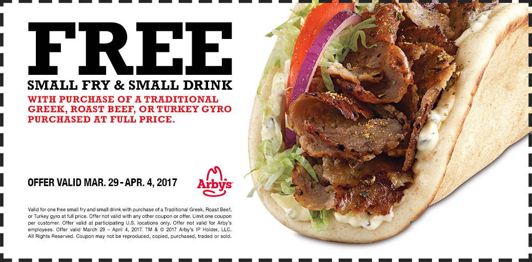 Arbys Coupon April 2024 Free fries & drink with your gyro at Arbys