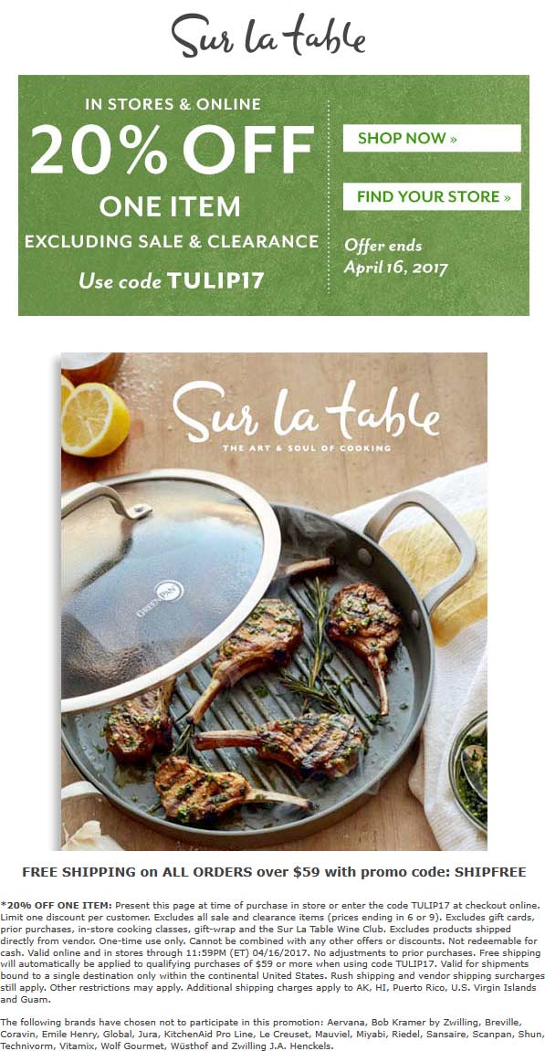 Sur La Table Coupon April 2024 20% off a single item at Sur la Table, or online via promo code TULIP17