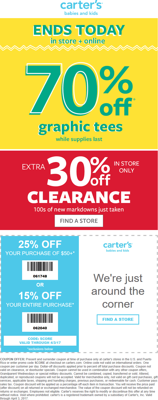 Carters Coupon April 2024 15-25% off at Carters, or online via promo code SCORE