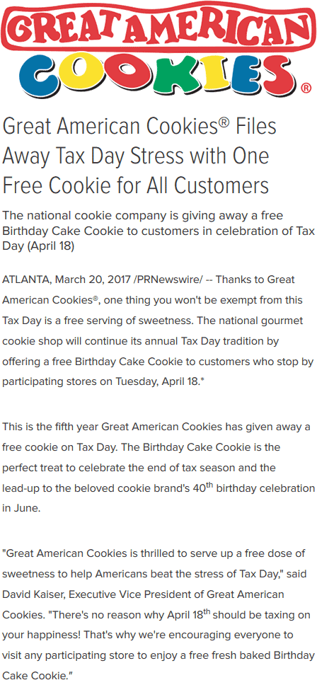 Great American Cookies Coupon April 2024 Free cookie the 18th at Great American Cookies