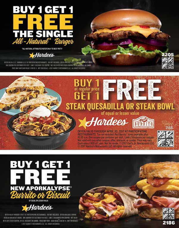 Hardees Coupon March 2024 Second burger, steak quesadilla or burrito free at Hardees