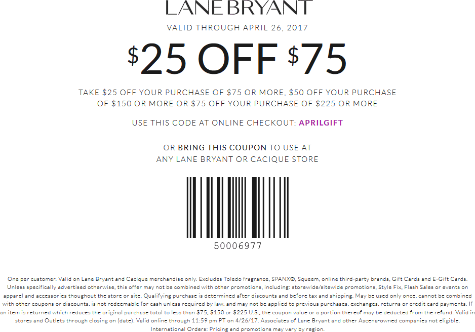 Lane Bryant Coupon April 2024 $25 off $75 at Lane Bryant, or online via promo code APRILGIFT