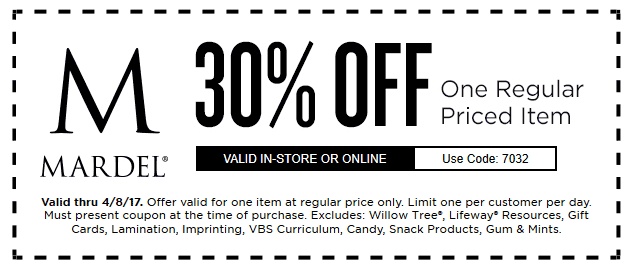 Mardel Coupon April 2024 30% off a single item at Mardel, or online via promo code 7032