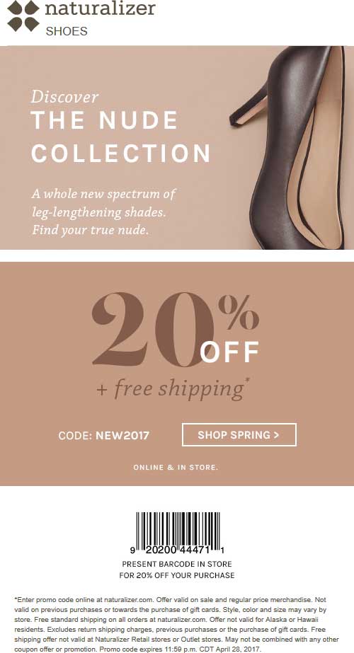 Naturalizer Coupon April 2024 20% off at Naturalizer, or online with free shipping via promo code NEW2017