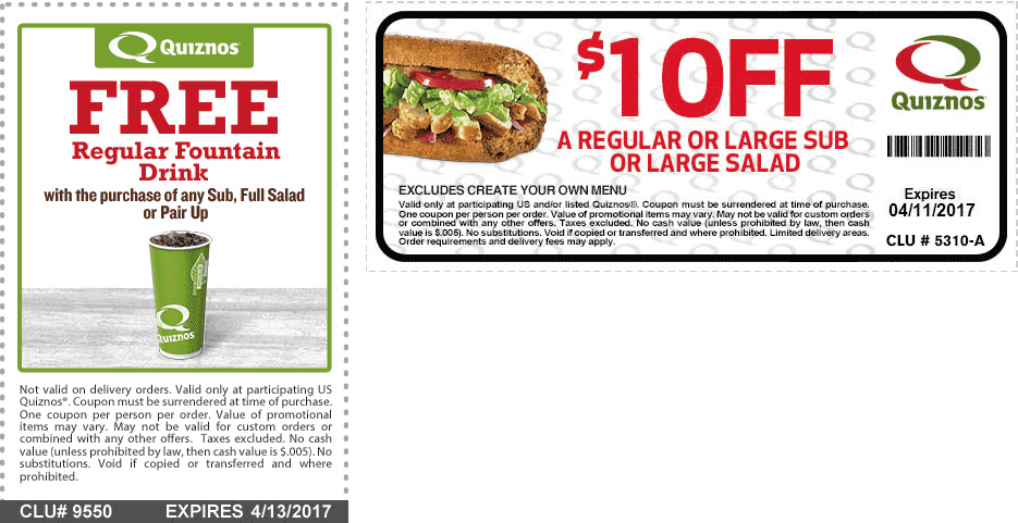 Quiznos Coupon April 2024 Free drink with your sub & more at Quiznos