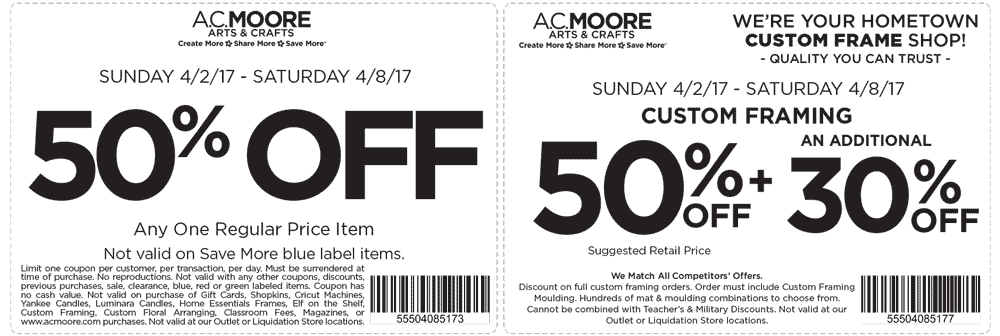 A.C. Moore Coupon March 2024 50% off a single item at A.C. Moore