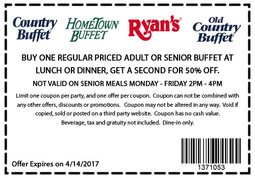 Hometown Buffet Coupon April 2024 Second meal 50% off at Ryans, Old Country Buffet & Hometown Buffet