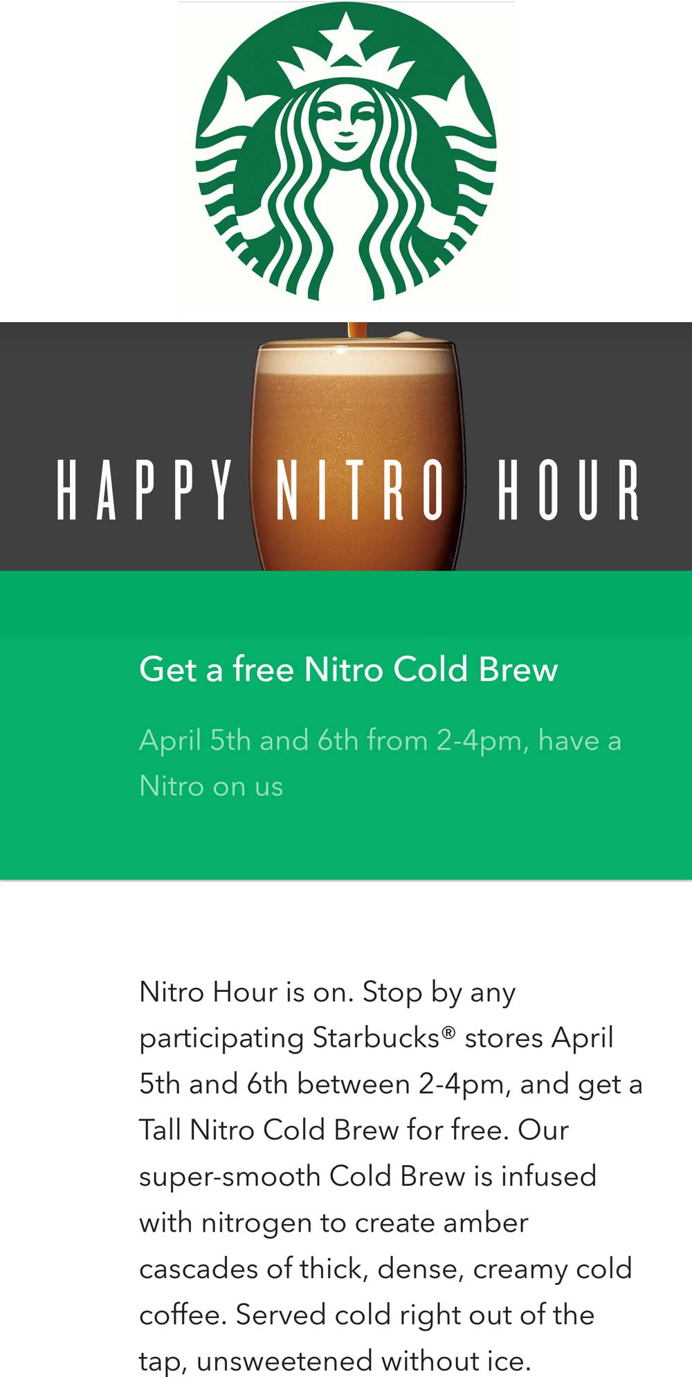 Starbucks Coupon March 2024 Free nitro cold brew 2-4p today at major metro Starbucks locations